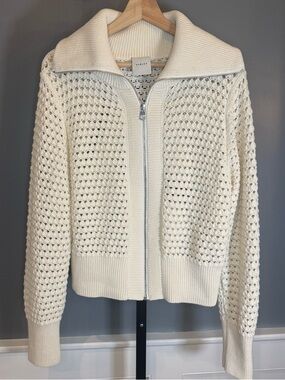 Varley Eloise Full Zip Knit Sweater Medium Cream Cotton Open Knit Collared